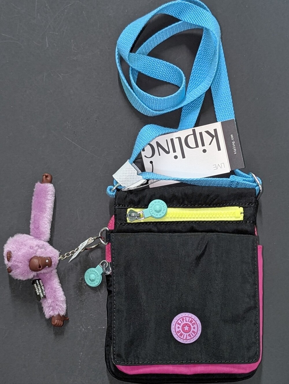 NWT Kipling Black Crossbody Bag W/ Blue Strap, Pink Trim and Neon Yellow Zipper